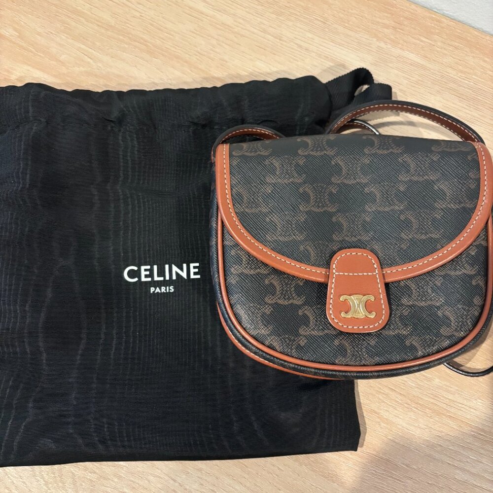 Celine Mini Besace In Triomphe Canvas And Calfskin Leather - Great Condition - Picture 2 of 6